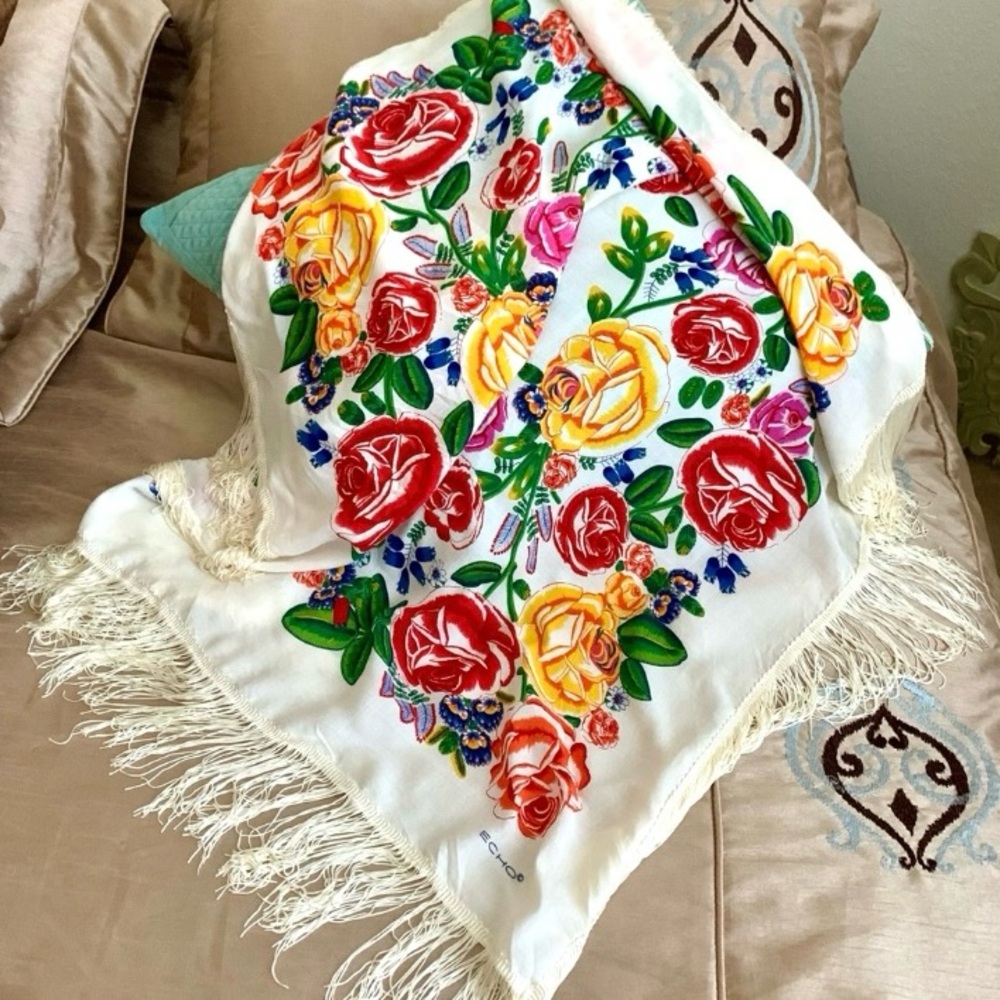 Echo Floral Embroidered Fringe Shawl